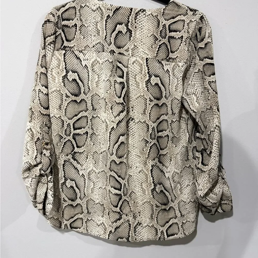 Michael Michael Kors Snakeskin V-Neck Roll-Tab Sleeve Blouse Size Medium